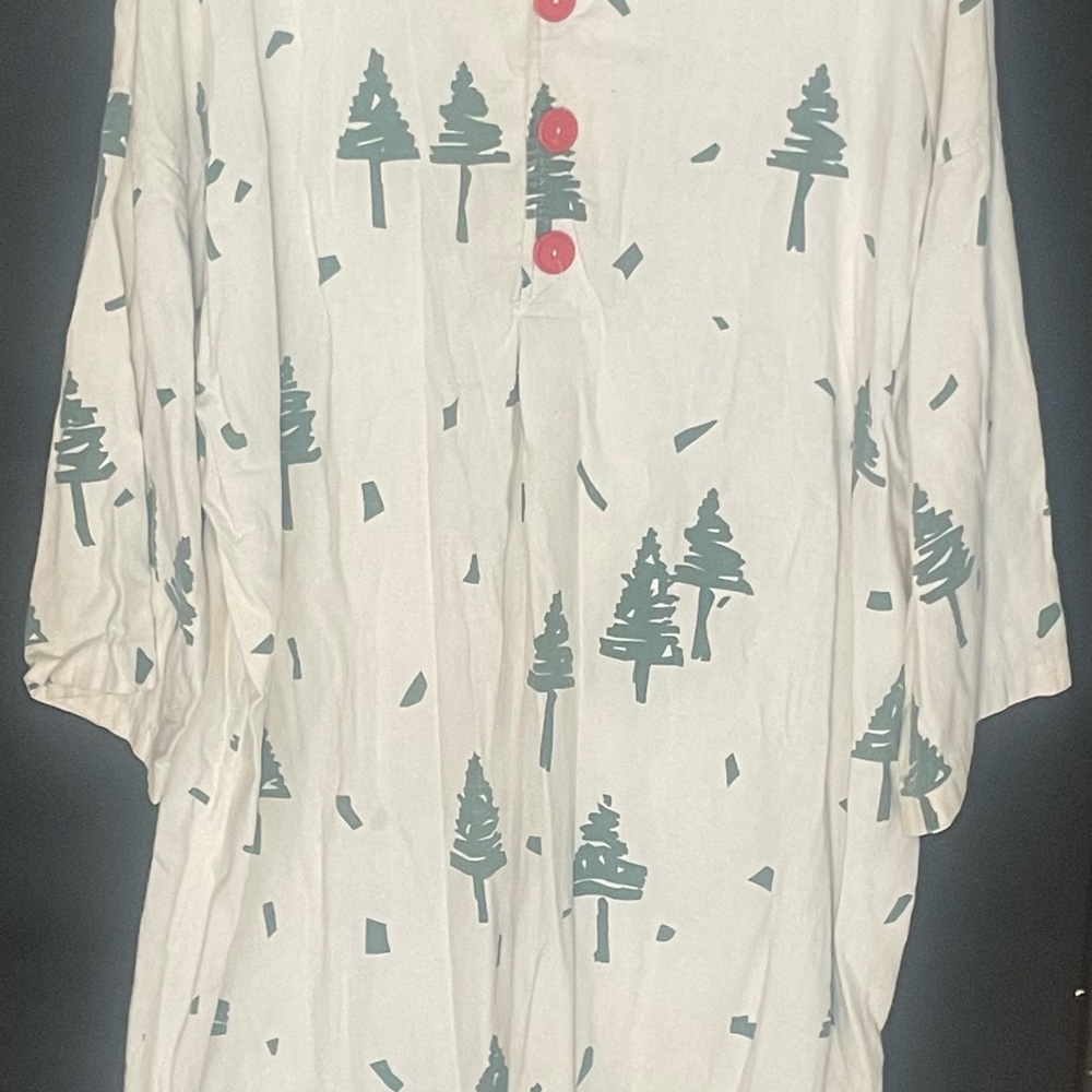 Christmas Sleep Shirt with Tree Print and Red Buttons
